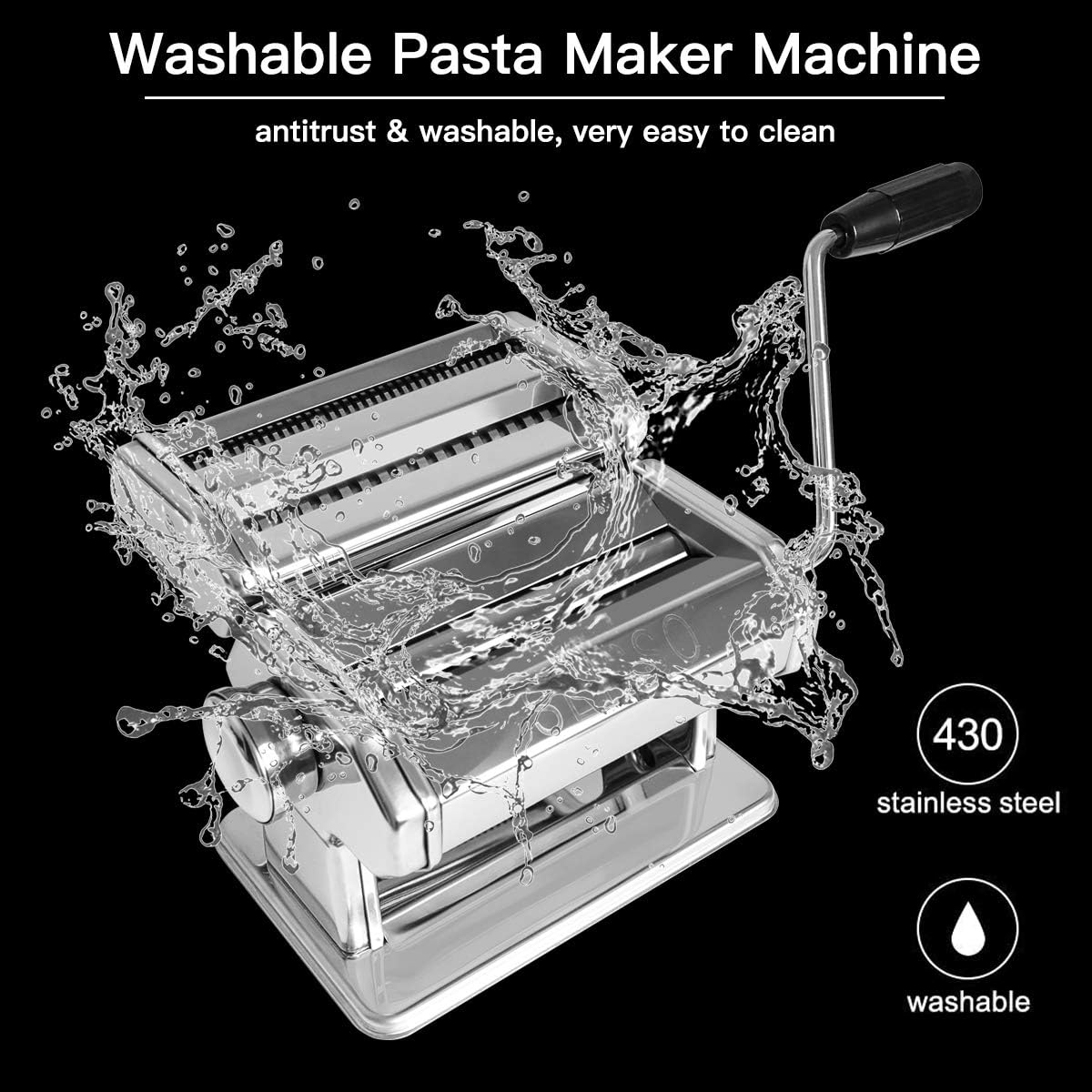 SEISSO Pasta Maker, Manual Hand Crank Pasta Machine, Washable Stainless Steel Noodle Maker with 7 Adjustable Thickness Settings, Separate Type Rollers and Cutter for Homemade Spaghetti, Linguine