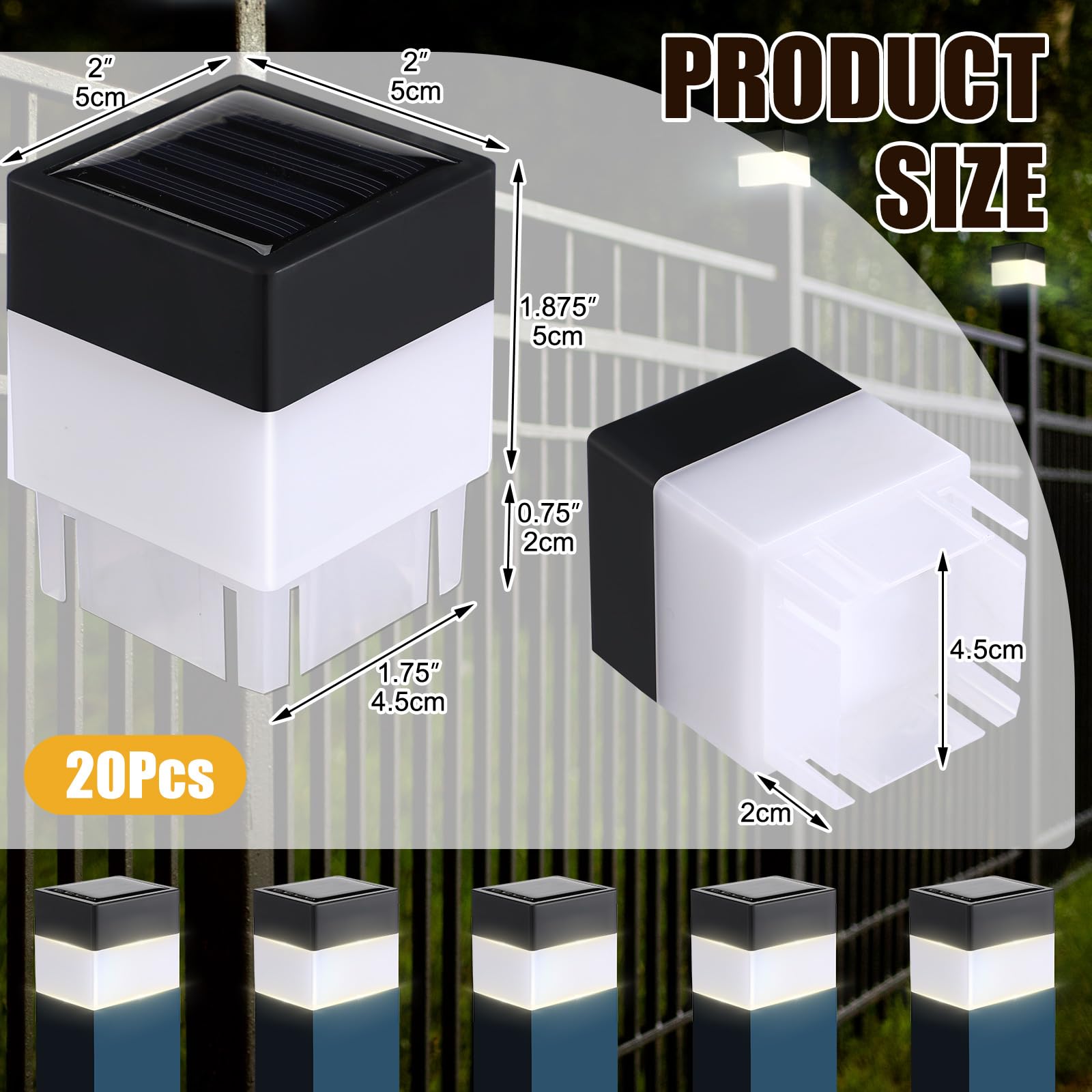 Tujoe Paquete de 20 luces solares para postes de cerca, 2 x 2 pulgadas, luces solares para jardín, calle, cenadores, pared de calle (amarillo cálido)