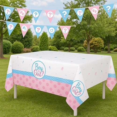 Miniatura 6 de Oojami Kit de decoración para fiesta de revelación de género paquete de 4 fundas de mesa de plástico de 54 x 108 pulgadas y 2 pancartas de