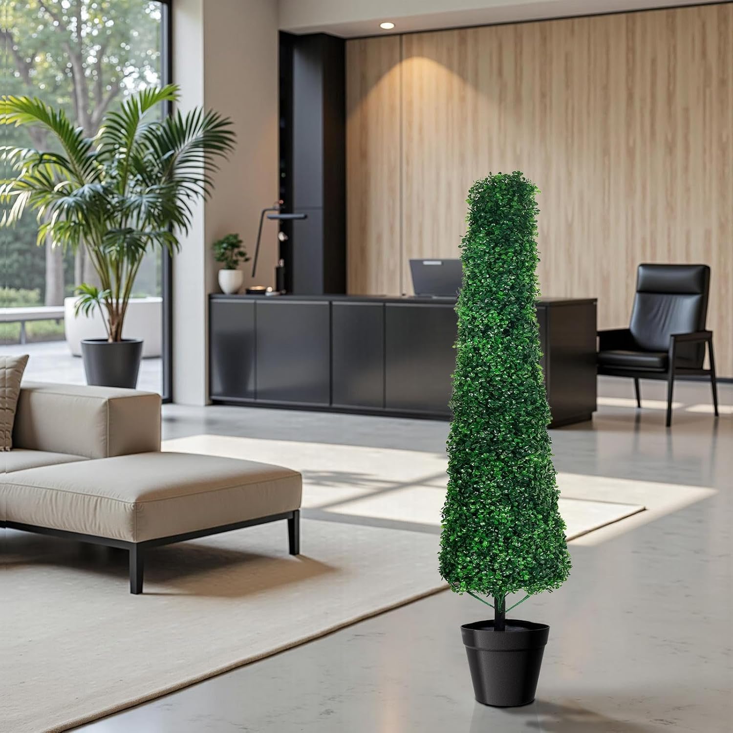 4’Boxwood Topiary Artificial, Set of 2 4FT Cone-Shaped Topiary Trees with Heavy-Duty Base Tray, Realistic Potted Green Plants Decorative for Outdoor and Indoor, Low Maintenance Fake Shrubs