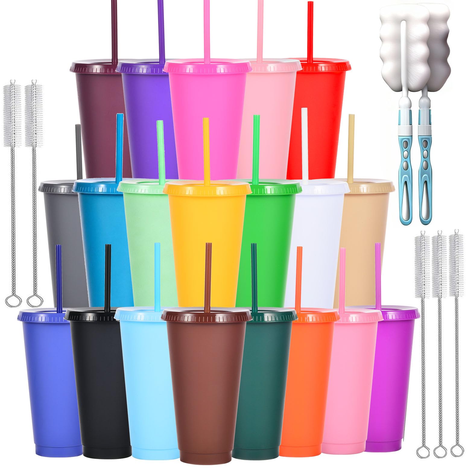 Yisituo 710ml Reusable Plastic Cups, 20 Pack Cold Cups with Lid and Straw, Tumblers Travel Mugs for Adults and Madam Party and Beach, Pool Gatherings (20, Rainbow)