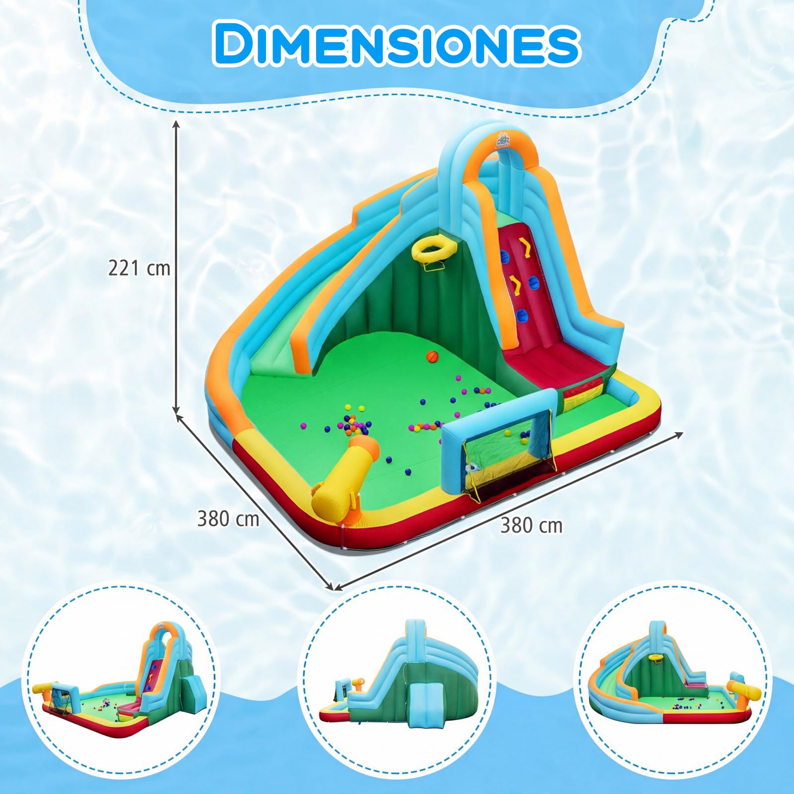 COSTWAY Castillo Hinchable Niños con Tobogán AcuáTico, Parque Infantil Inflable con Bolas Oceánicas, Fútbol, Baloncesto, Muro de Escalada, Aro, Portería y Cañón de Agua para 3 a 12 Años (Sin Soplador)