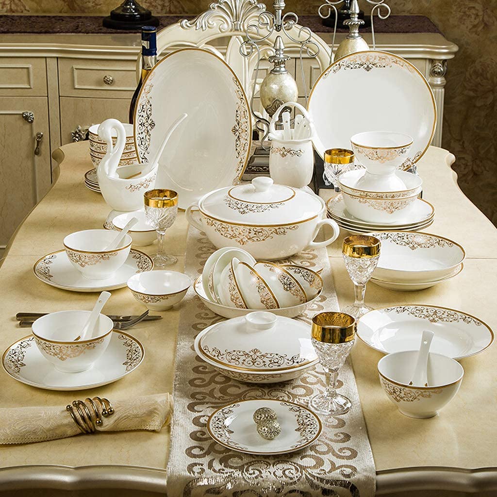 48-częściowy zestaw zastawy stołowej z porcelany kostnej w stylu pałacowym – eleganckie ceramiczne talerze i miski do jadalni idealne do domu lub na imprezy i stylowa zastawa stołowa