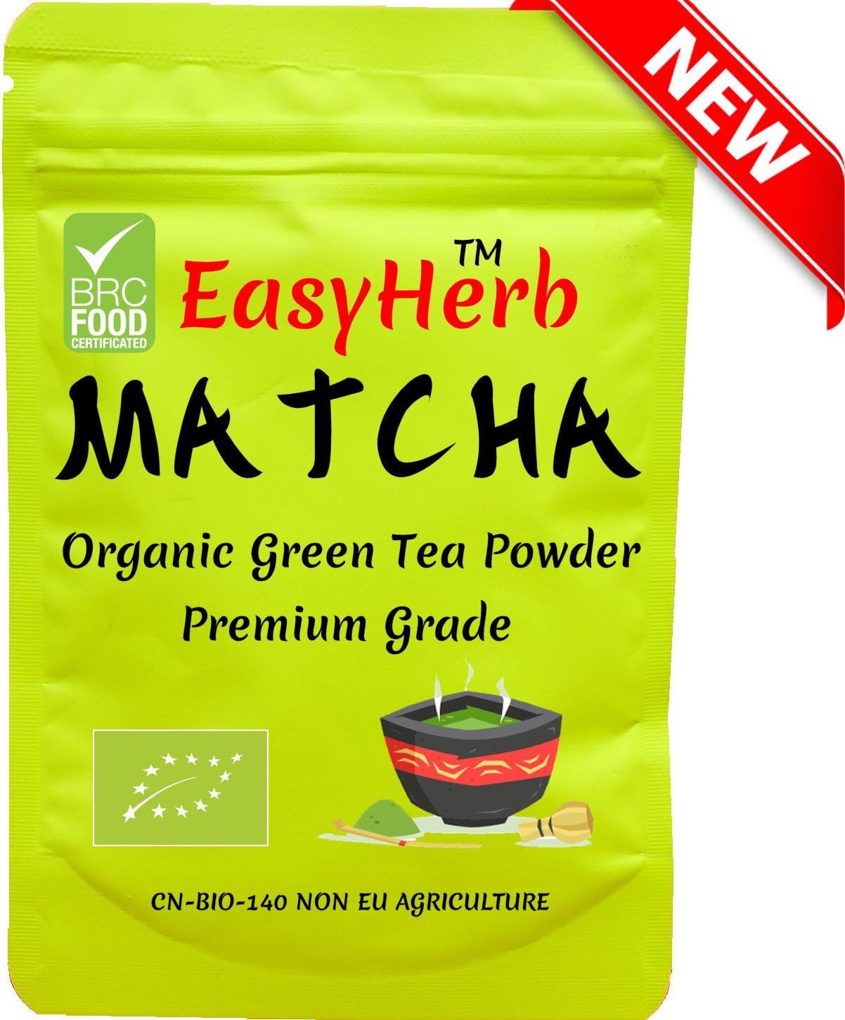 EasyHerb MATCHA GREEN Tea Powder Set: Organic, Premium, BRC Food Safety Certified, Bamboo Whisk, Scoop Spoon, Stand Holder (Matcha)