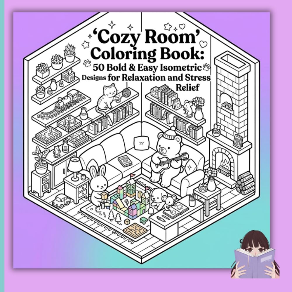 Cozy Room Coloring Book: 50 Bold & Easy Isometric Designs for Relaxation and Stress Relief