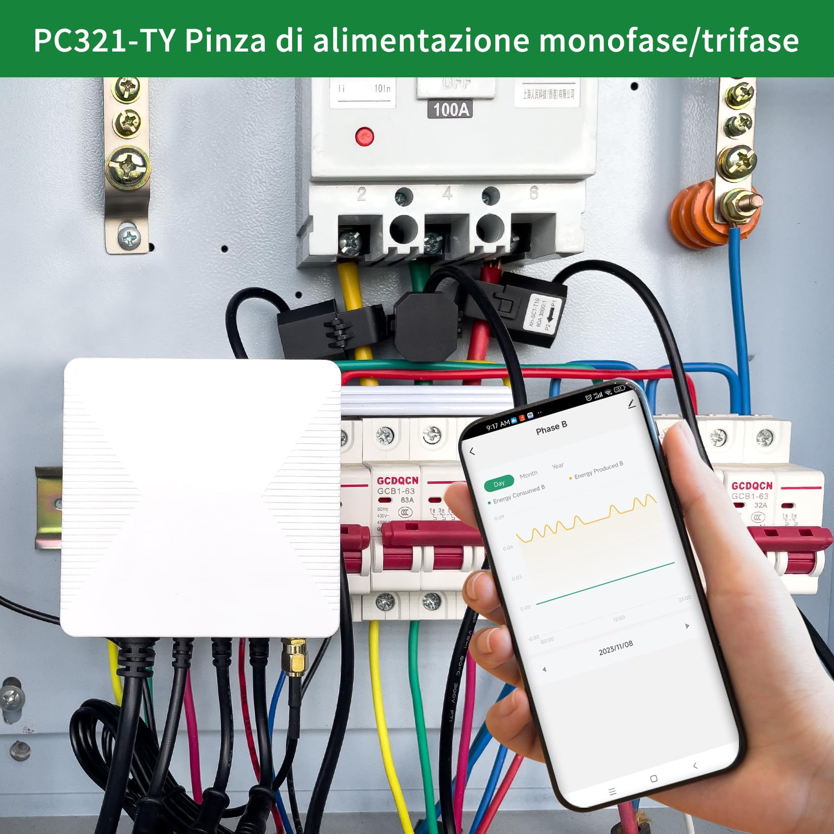 OWON Tuya Smart Home - Monitor di energia Wi-Fi a 3 fasi, misuratore di potenza bidirezionale a 1 o 3 fasi con 3 morsetti da 120A, misurazione solare/netta, misuratore di energia elettrica in tempo