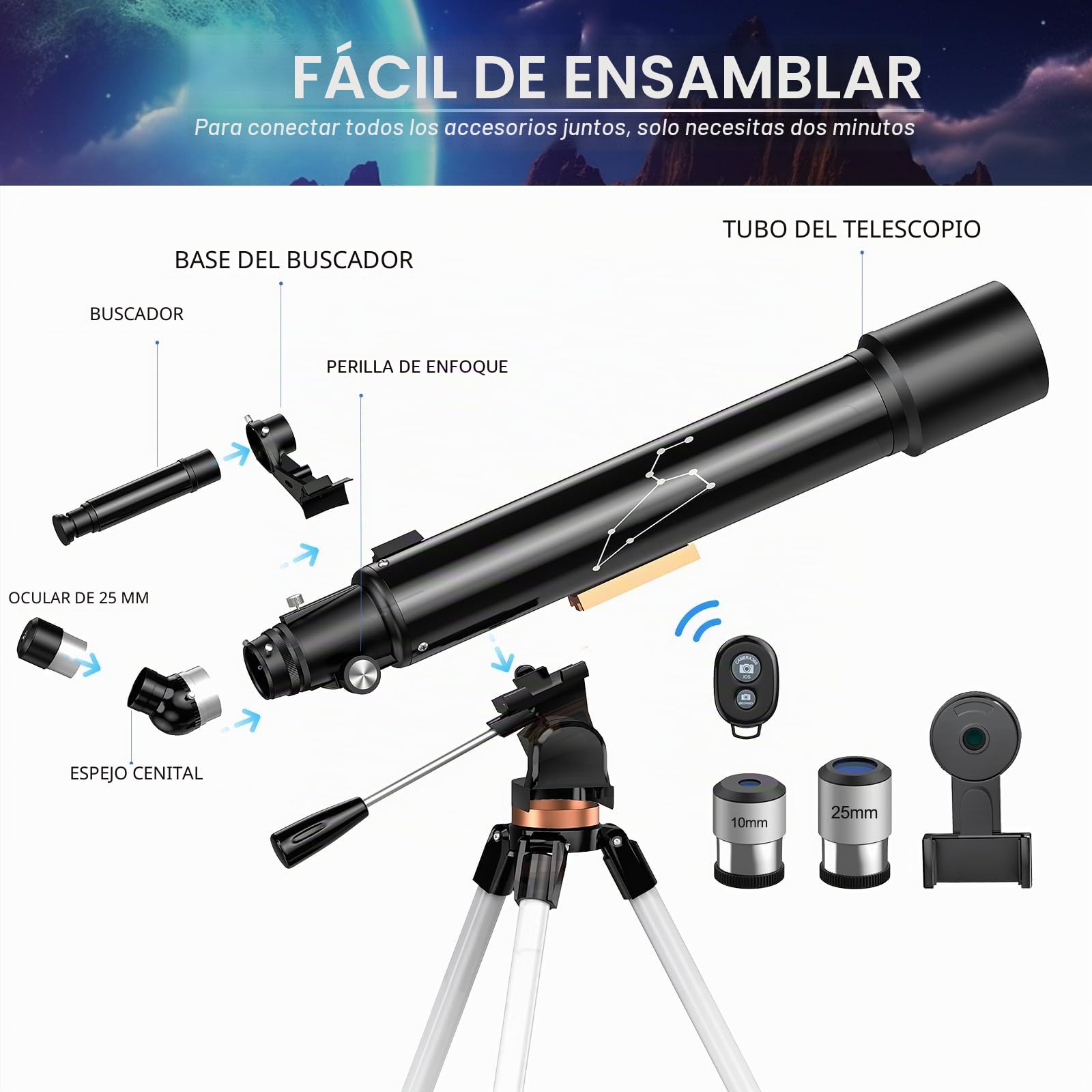Telescopio Astronómico Adultos, Niños y Principiantes, 800/80mm HD Telescopio de Alta Ampliación Alcance de Viaje con Trípode, Portátil Equipado con Mochila y Adaptador de Teléfono y Control (80080)