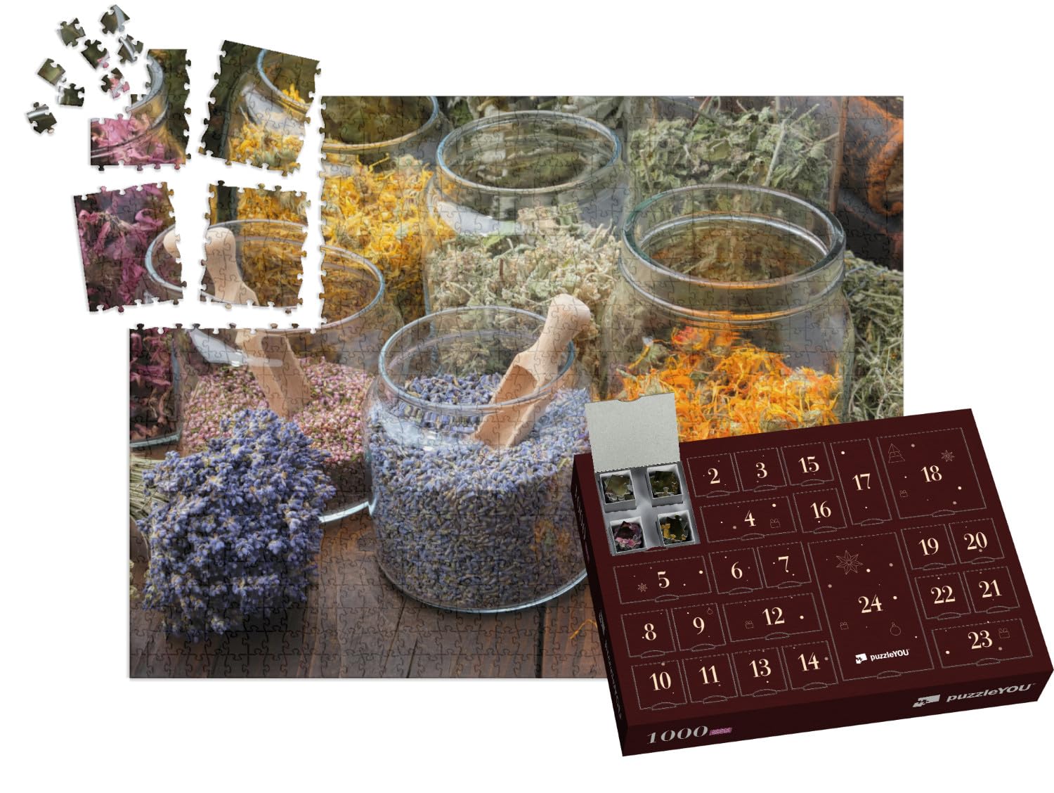 puzzleYOU: Puzzle-Adventskalender | „Glasgefäße mit getrockneten Lavendel- und Ringelblumenblüten“ – aus der Puzzle-Kollektion Kräuter