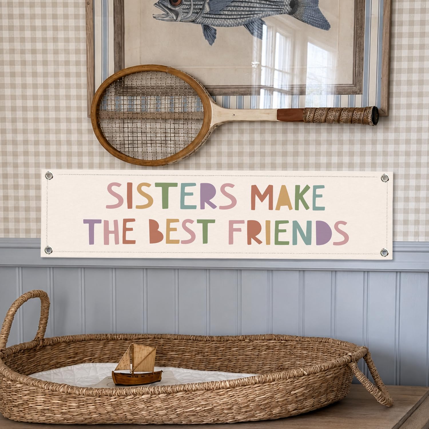 Sisters Make The Best Friends Canvas Banner for Girls Room Decor, Toddler Girl Room Decor, Cute Wall Hanging Banner for Nursery Bedroom Playroom 7.8x31.5