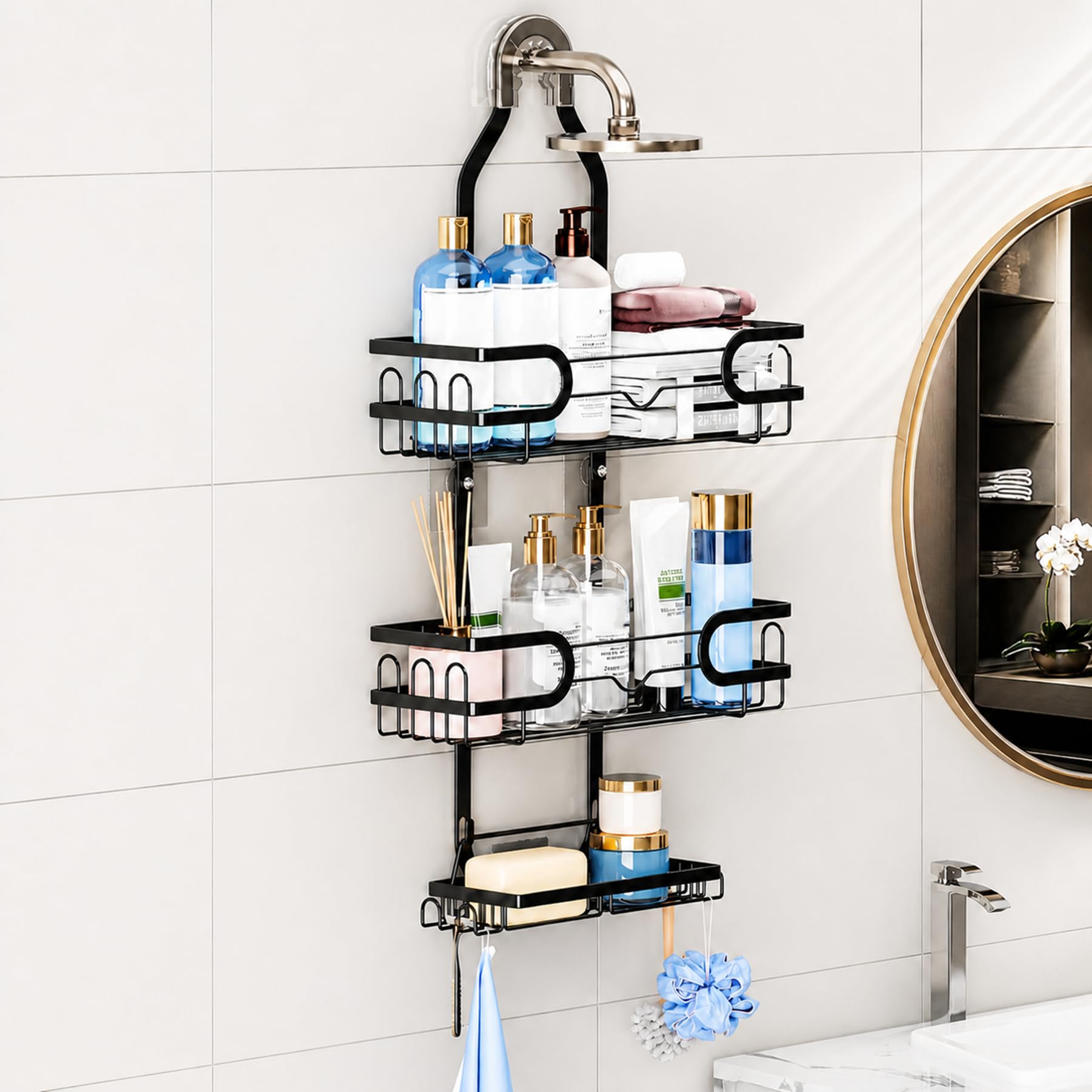 Trlyane 3-Tier Hanging Shower Caddy, Over Shower Head Bathroom Organiser with 3 Adhesive Wall Fixings, Hooks and Soap Holder, No Drill Shower Storage Rack for Shampoo and Toiletries, Black