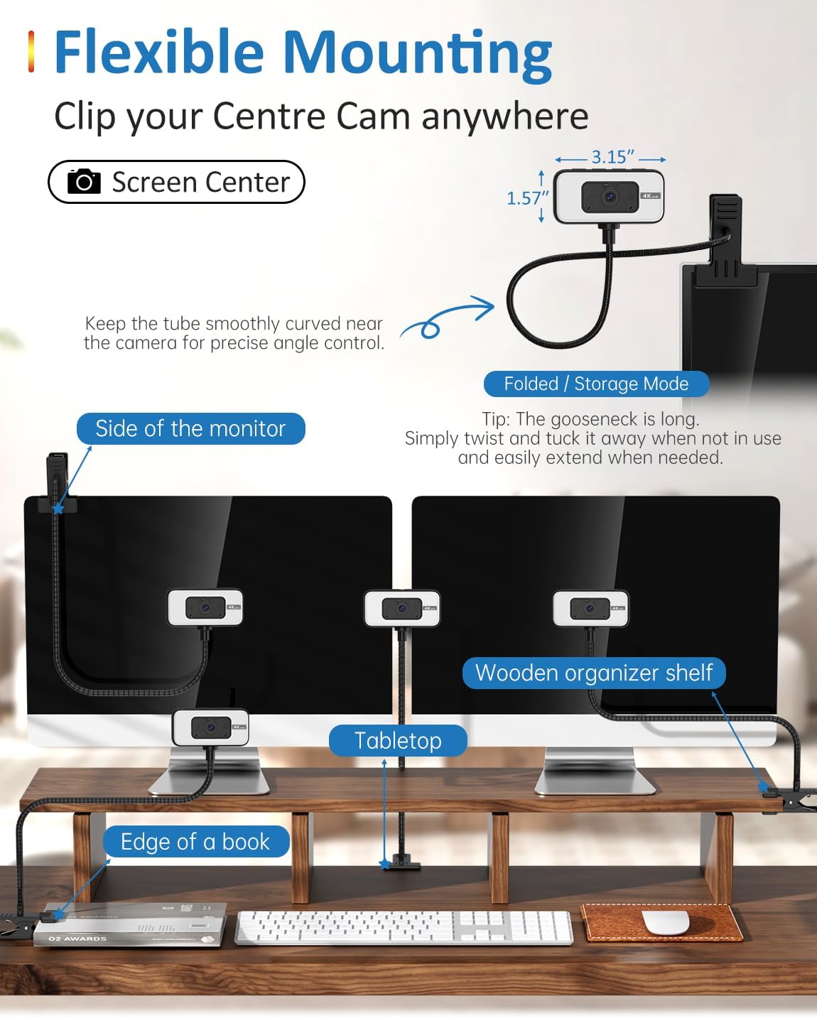 Webcam for PC, 4K Streaming Camera with Light, Web Camera for Desktop/Laptop Computer Webcam with Microphone, Plug and Play USB Web Cam with Bracket, for Live Streaming, Video Calls, and Meetings