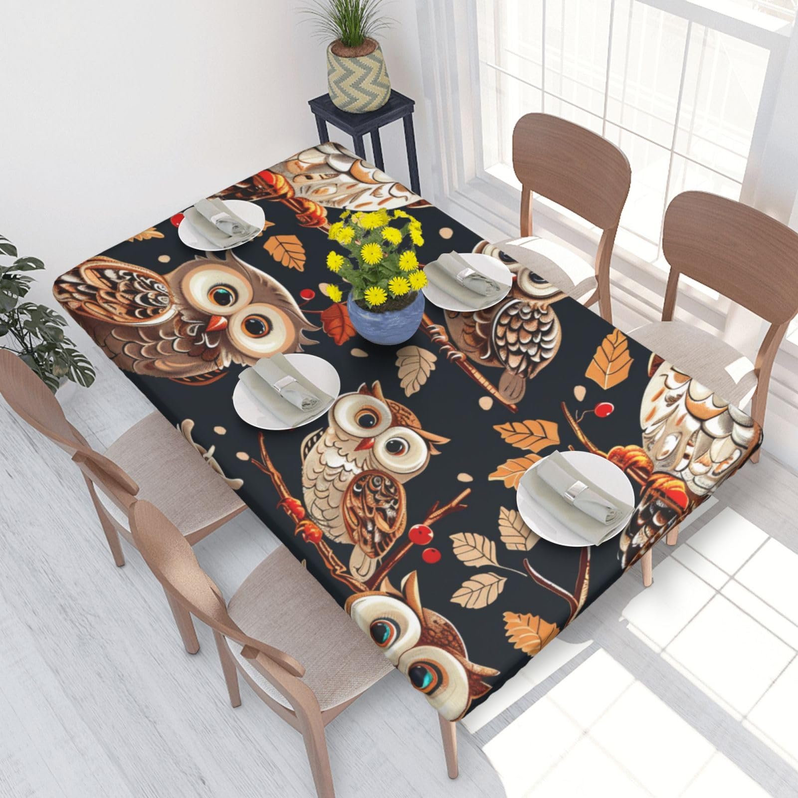 WPKJU Owls on Tree Branche Printed Tablecloths 4ft Rectangular Table Covers Washable Polyester Decorative Table Cloth for Dining Table Picnic Wedding