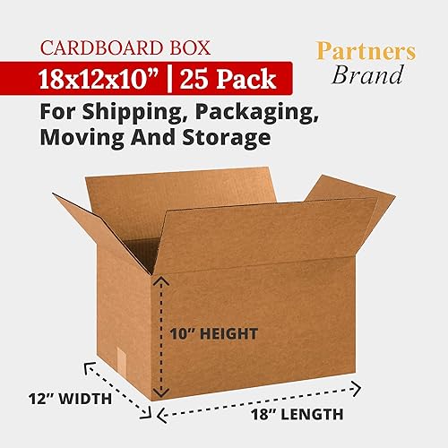 Miniatura 2 de Partners Brand Cajas de cartón corrugado de 18 x 12 x 10, medianas de 18 pulgadas de largo x 12 pulgadas de ancho x 10 pulgadas de alto, paquete de