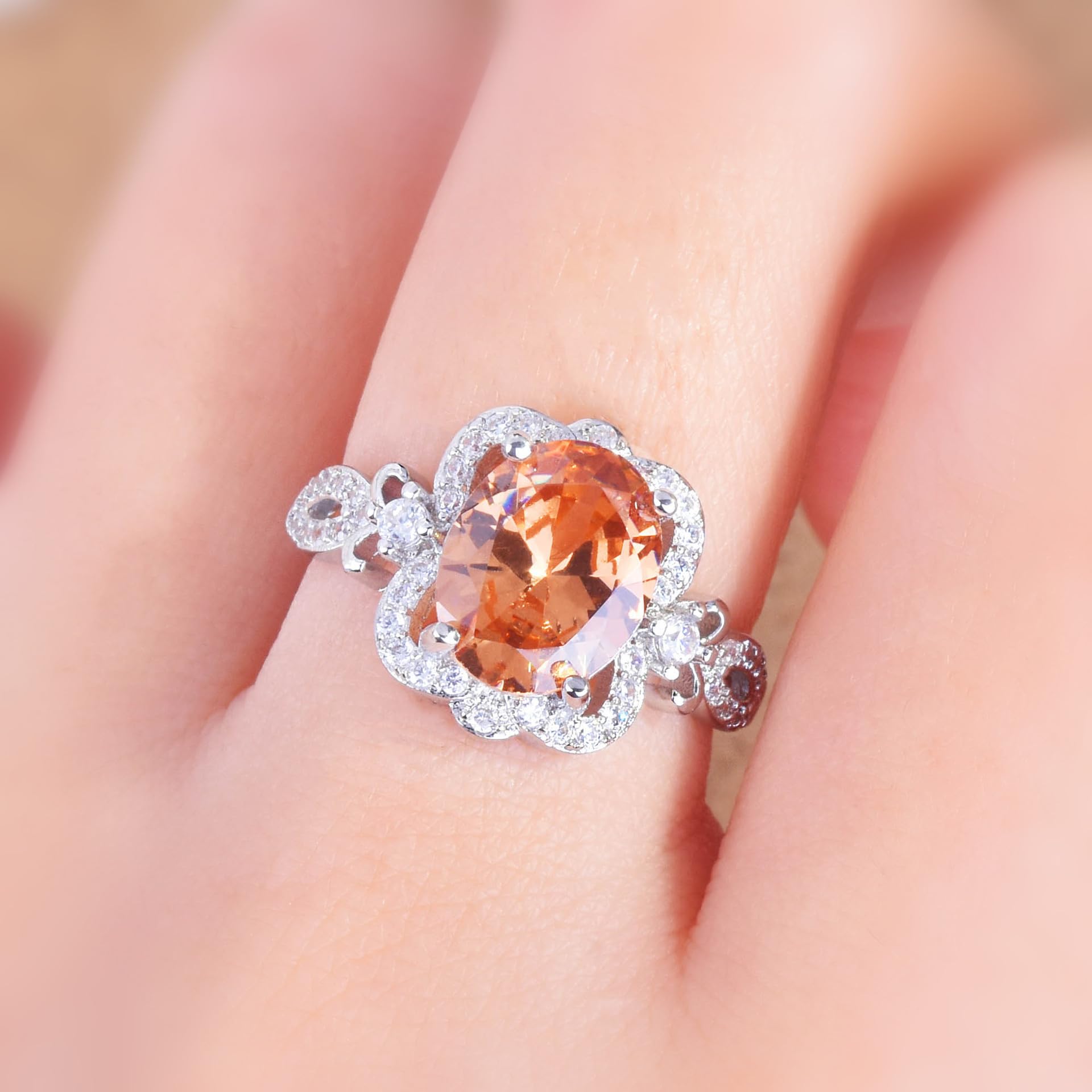 Emsione Silver Plated Created Yellow Zirconia Oval CZ Cut Halo Adjustable Opening Ring Eternity Anniversary Wedding Engagement Party Ring for Women Men