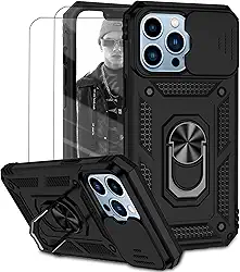 Capa para iPhone 13 Pro Capinha | com 2 peças de protetor de tela temperado com janela deslizante da câmera e suporte para telefone incluídos - Preto