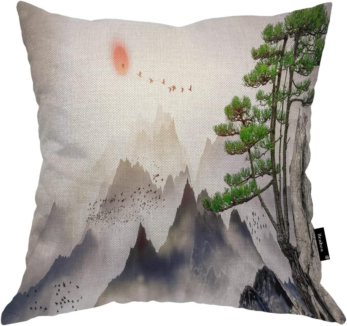 Beabes Pine Trees Throw Pillow Cover Distant Mountains Clouds Sunrise Scene Cotton Linen Cushion Case Pillow Covers for Bedroom Dorm Office 20x20 Inch Pillowcases
