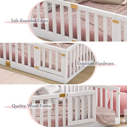 Miniatura 34 de Tatub Cama Montessori de suelo individual con rieles altos, marco de cama Montessori de madera maciza para niños, la entrada se puede instalar a