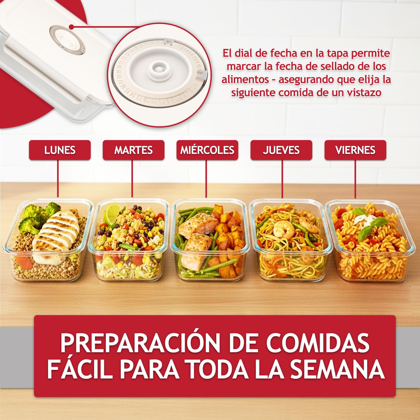 SPARES2GO Recipientes de vidrio para almacenar alimentos al vacío con tapas de cierre hermético (paquete de 5, medianos, 1040 ml) + bomba de sellado manual