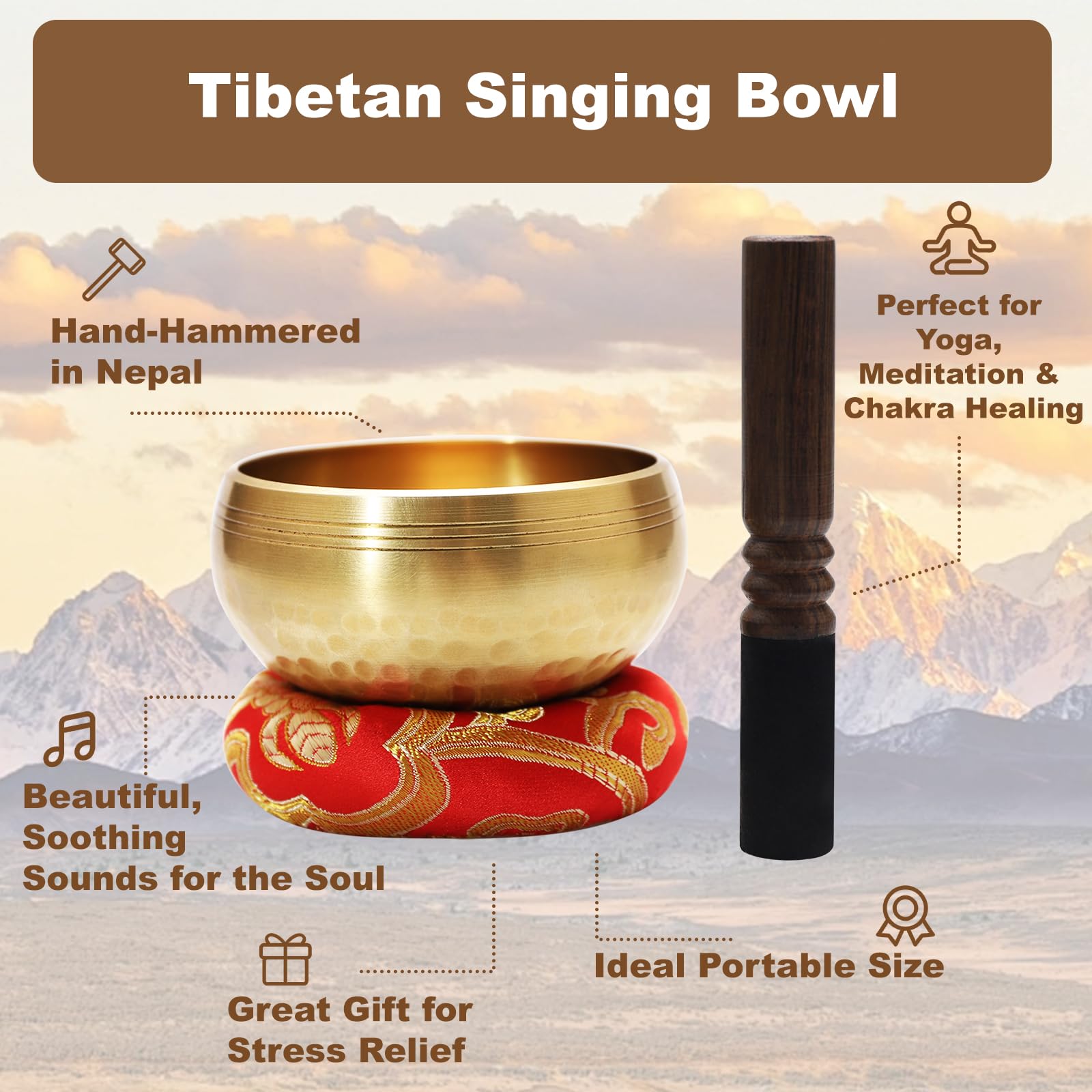 Campana Tibetana Set – Fatto a Mano in Ottone – con Bastoncino in Legno Cuscino e Sacchetto – Ideale per Meditazione Yoga Guarigione dei Chakra Regalo Zen (9.5cm)