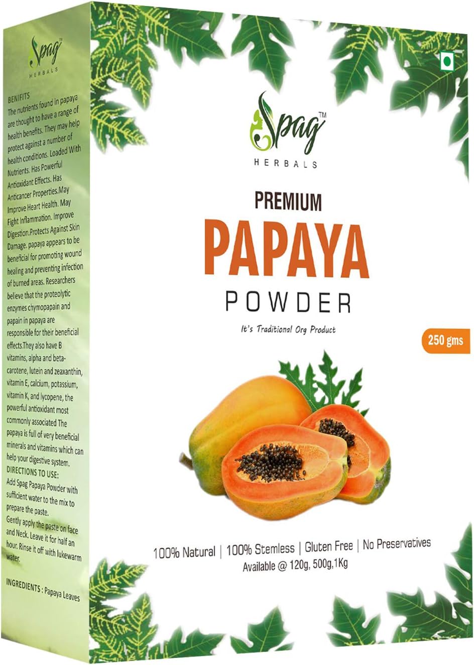 Spag Herbals Papaya leaf powder for Skin Brightening face pack for pigmentation control Hair Care Products 250 gms
