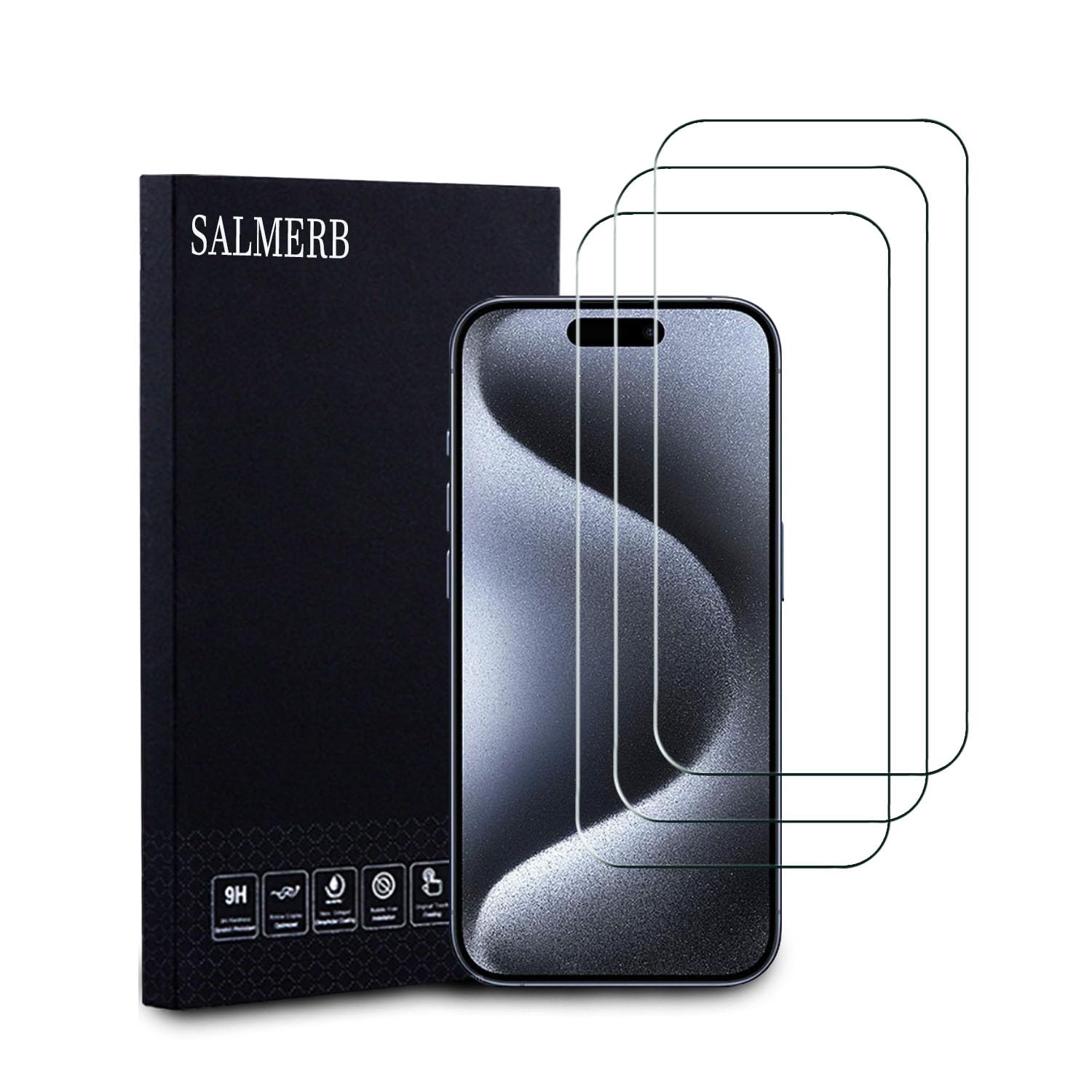 SALMERB (3 Pack Tempered Glass for iPhone 15 Pro Screen Protector Anti-Scratch Anti-Fingerprint Glass Screen Protectors Zero Bubbles Ultra-clear 99.99% Transparent.…