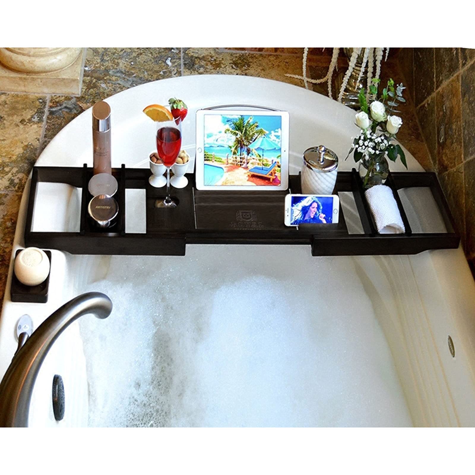 Vassoio Estensibile Per Vasca Da Bagno In Bamb&ugrave; - Porta Tablet, Bicchieri E Libri - Design Regolabile 70-105 Cm