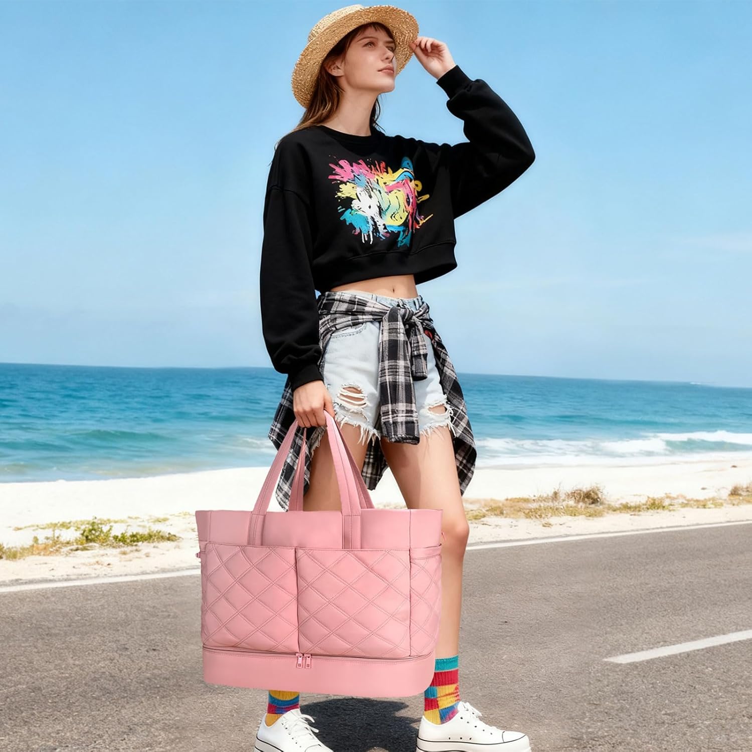 Weekender Bag for Women Men, Large Overnight Bag Faux Leather Travel Duffel Bag with Shoe Compartment Toiletry Packing Cube Carry On Bag Fit 21" Laptop 3Pcs Set (2PCS Pink) - Image 9