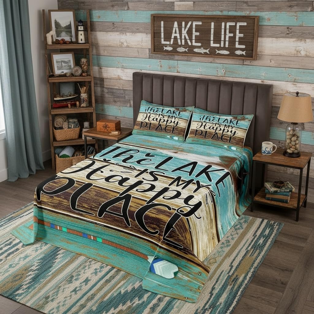 Lake House Bedspread Set Queen Size for Kids,Boys Girls Vintage Rustic Farmhouse Quilt Set Boating Nautical Themed Coverlet Lake Paddles Bedspread 3 Pcs Decorative Bedding Quilted with 2 Pillow Shams