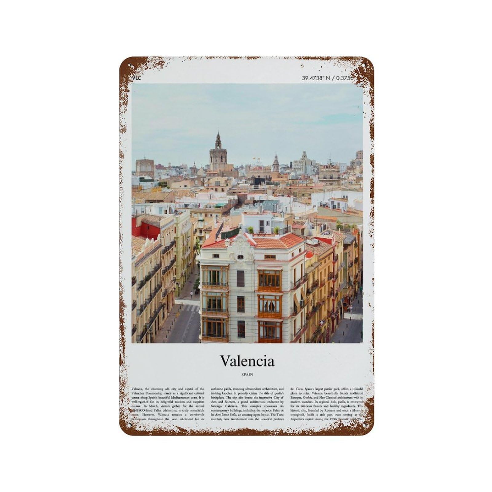 xiaoxiaoshen Valencia Spain City Scenery Wall Decor Art Metal Tin Poster Modern Home Decor Art Home Bar Shop Decorations Vintage Sign 30x20cm