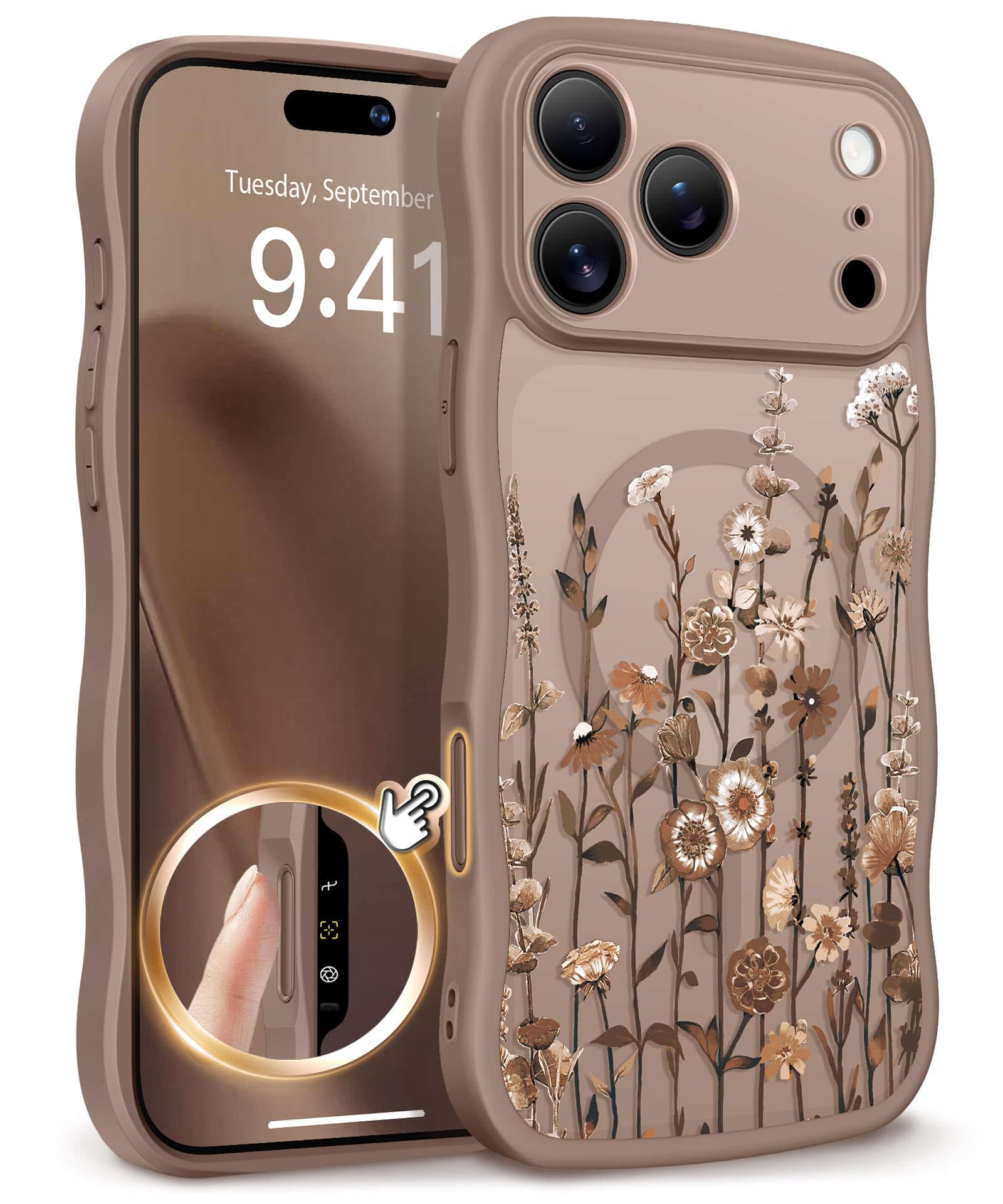 GVIEWIN for iPhone 17 Pro Max Case Compatible with MagSafe Curly Wave Edge Full Camera Protection Floral Translucent