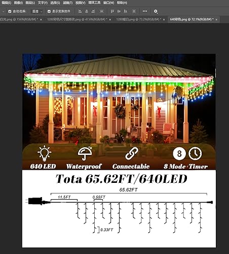 Miniatura 6 de 640 luces LED de Navidad de 65 pies, tira de luces impermeables para exteriores con 120 gotas y 8 modos, cortina de luces parpadeantes para