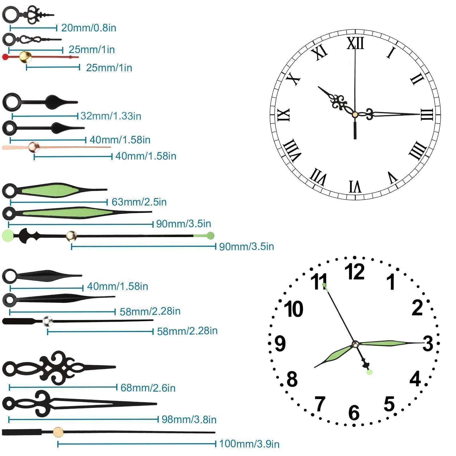 EEEKit Mecanismo de Reloj de Pared, 9PCS Movimiento de Cuarzo Silencioso a Pilas con 12 Manecillas Decorativas para Proyectos DIY