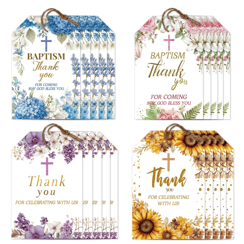 CRAFTYMELODY 80Pcs Baptism Thank You Tags with String 4 Style Cross Thank You Bless Hanging Labels Name Tags 2×3 Inch for Baptism Ceremony Frist Communion Event Party DIY Gift Crafts Favor Deco