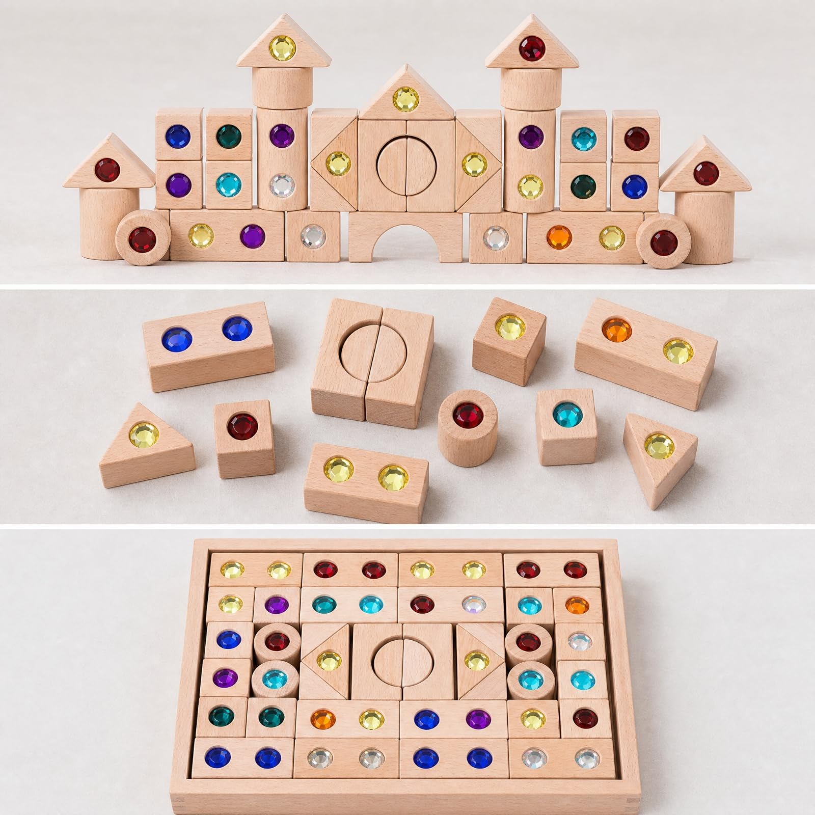 Blocchi di Legno con Inserti Colorati | Costruzioni Fantasiose e fortezze, Set di Blocchi con Scatola Legno, Educativo, per Area Giochi