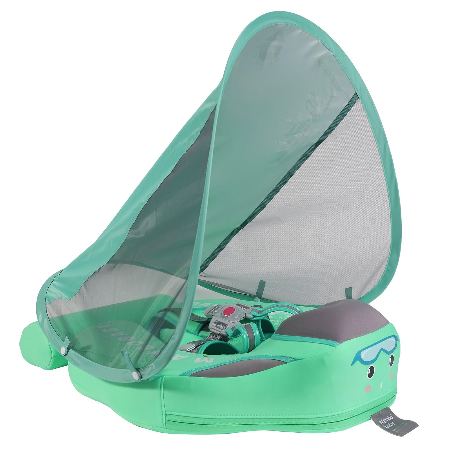 Non-Inflatable Baby Swim Float, Mambobaby Upgraded Infant Pool Float with UPF 50+ Sun Canopy – Safe Toddler Swim Trainer for 3-24 Months, Vibrant Green Mambo Fish