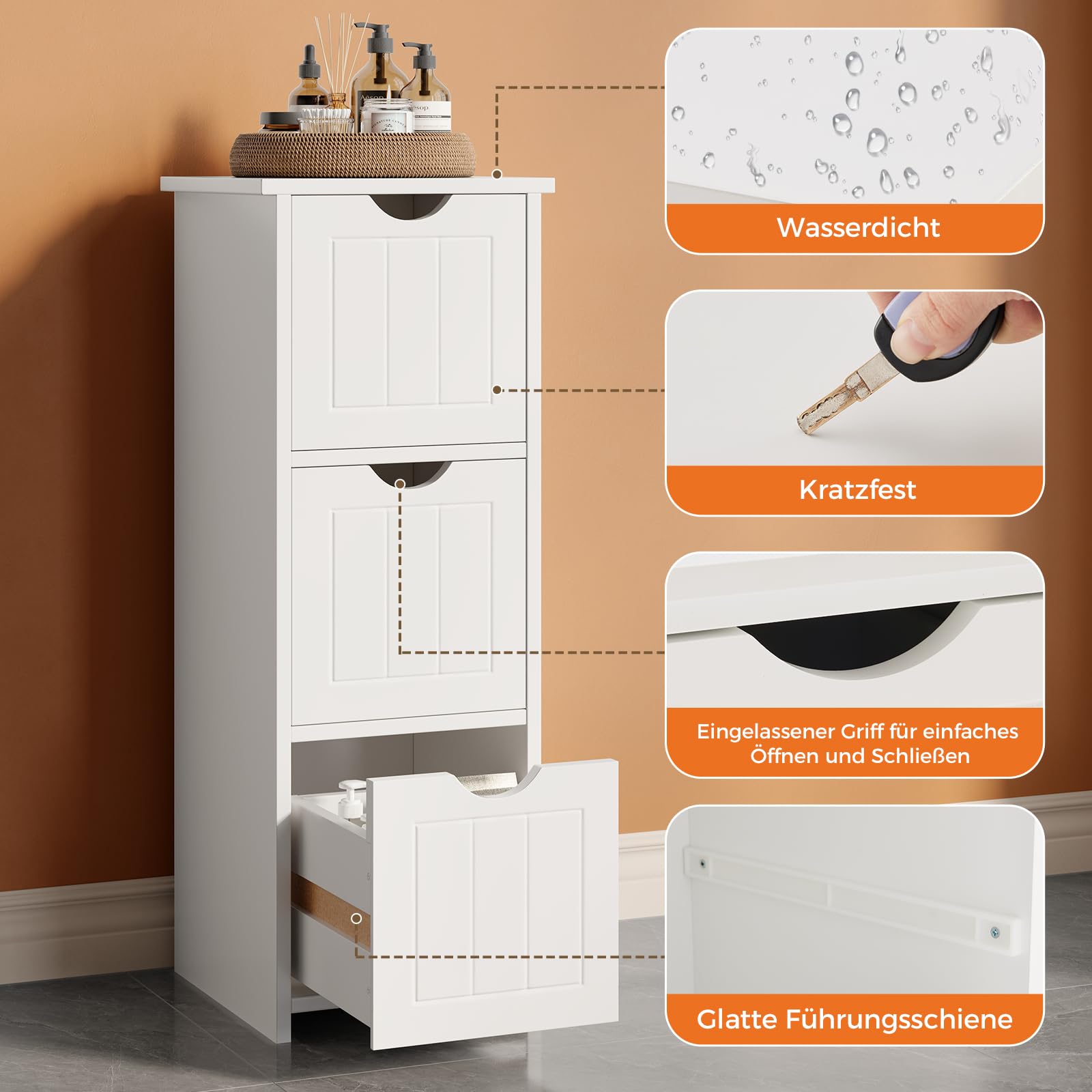 Sweetcrispy Mueble de baño Estrecho 32 x 30 x 81 cm, Moderno, Armario de baño con 3 cajones, Color Blanco Brillante, Estrecho con Gran Espacio de Almacenamiento, Mueble de baño