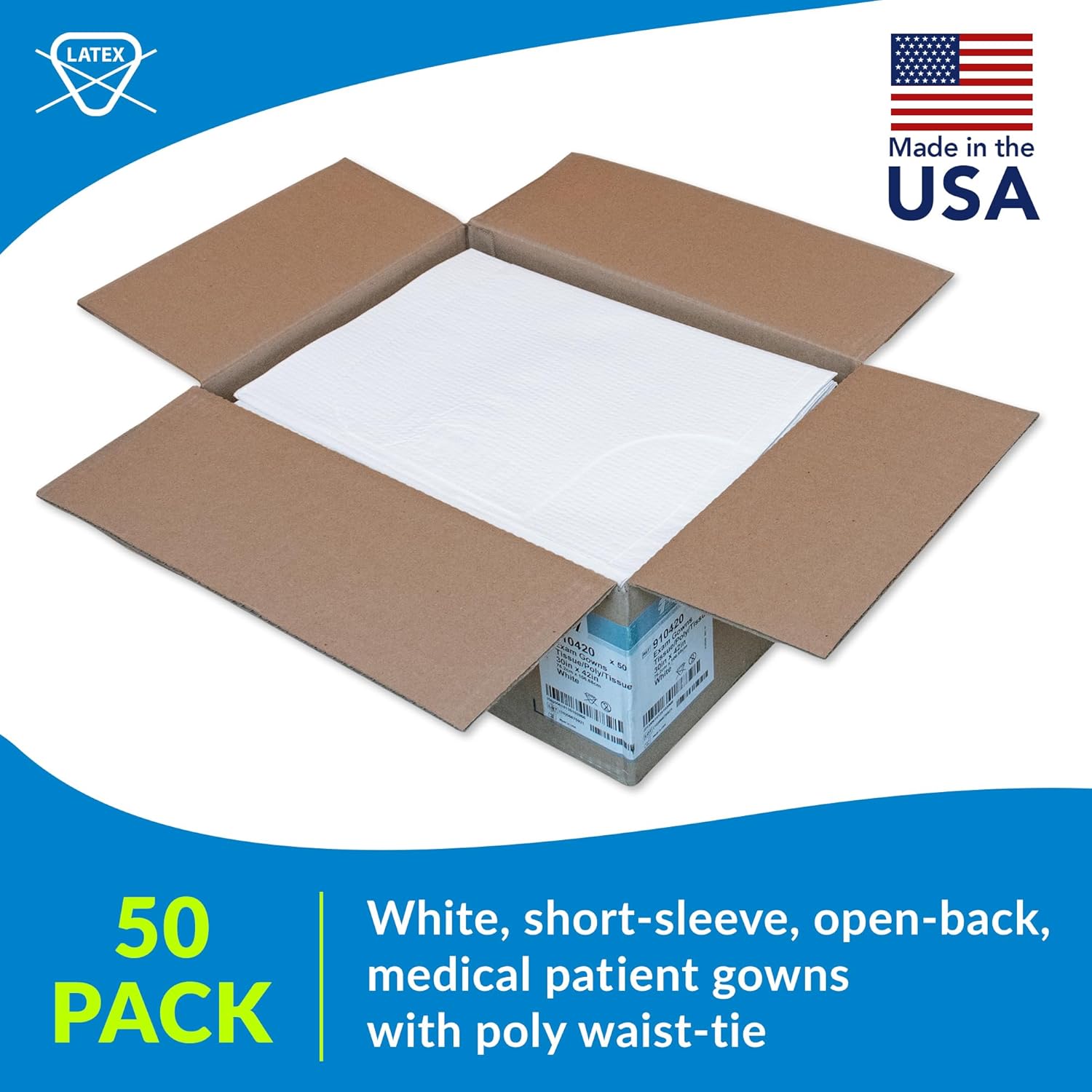 TIDI Choice Gowns, White (Pack of 50) ― Tissue/Poly/Tissue ― Open-Back, Waist-Tie, Short-Sleeve Medical Gowns ― Disposable Exam Gowns ― Standard Size 30” x 42” ― Latex-Free Medical Supplies (910420)