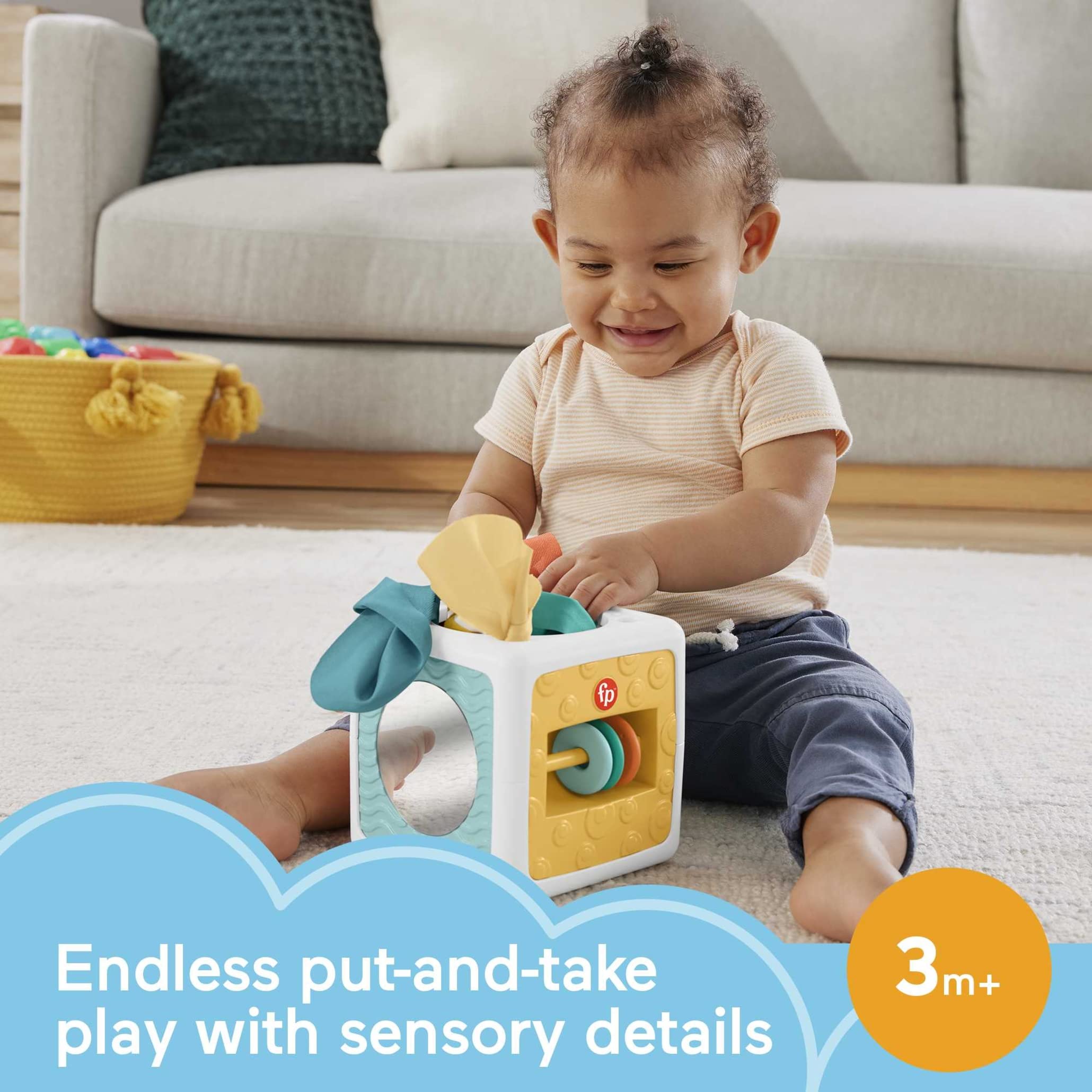 Fisher-Price Kostka sensoryczna Pudełko chusteczek zabawka dla niemowląt, zabawa na brzuszku, szeleszczące zabawki, HML64