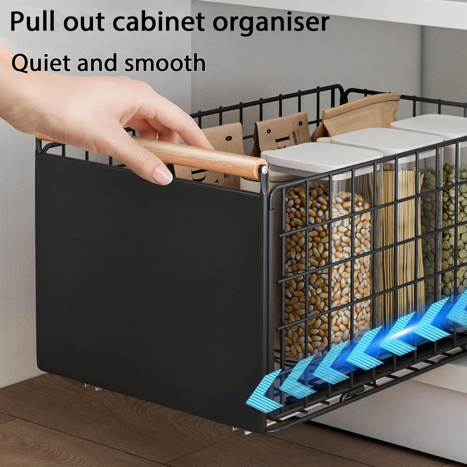 2 cassetti estraibili da cucina, cassetto telescopico, organizer per cassetti più profondi, con guide per cassetti e manico in legno, per mobili da cucina, senza forature (nero)