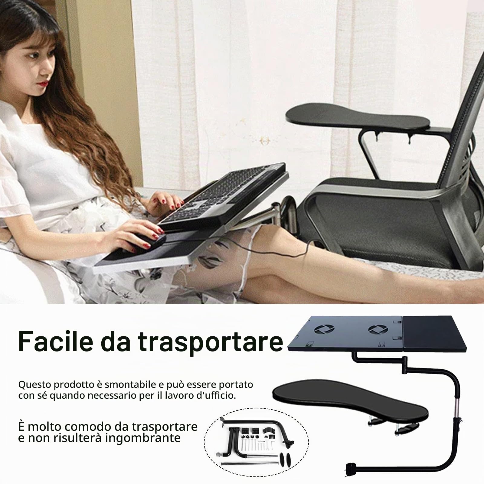 Supporto Per Tastiera, Vassoio Per Tastiera Morsetto Per Sedia Regolabile A 360° Con Tappetino Per Mouse Ventola USB Morsetto Per Albero Della Sedia In Acciaio Inossidabile Supporto Per Tastiera Pigro