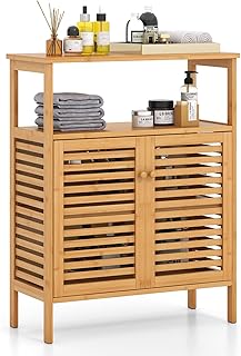 Tangkula Bamboo Floor Cabinet, Bathroom Storage Cabinet with Double Slat...