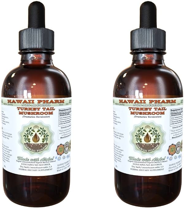 Hawaii Pharm extracto líquido sin alcohol de hongo cola de pavo, hongo cola de pavo (Trametes versicolor), glicerito de hongo seco, suplemento herbal natural, EE. UU., 2x2 fl oz líquido, 2 fl oz (paquete de 2)