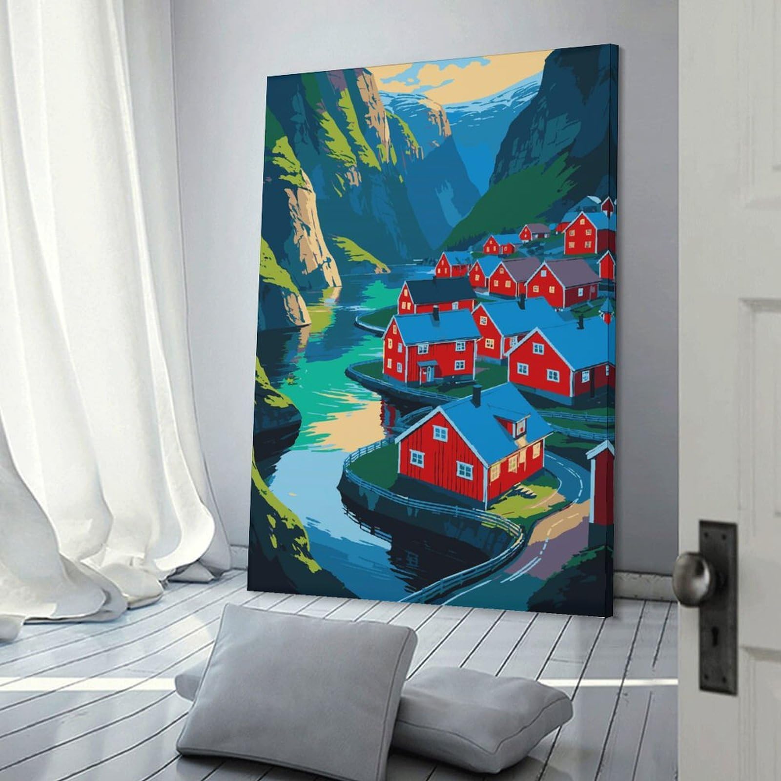 Junmoney Colorful Fjord Village Illustration Canvas Wall Decor 20x30inch(50x75cm), for Calm Bedrooms, Home Corners Or Flats, An Easy Wall Refresh for Bedrooms