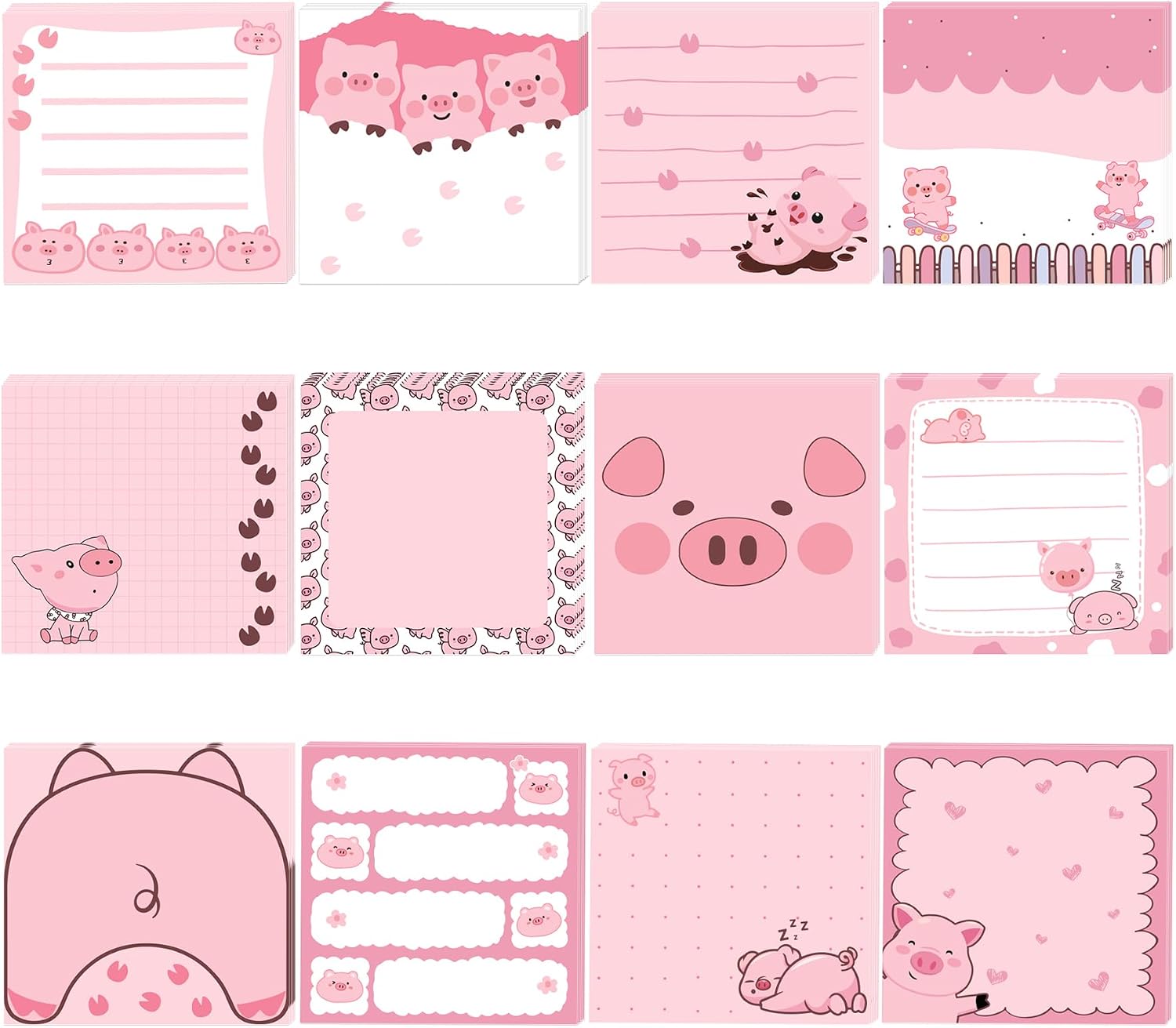 Cute Pig Square Sticky Notes Set 12 Different Designs 3x3 Inch Fun Self Adhesive Removable Notepads Notes 240 Sheets Funny Memo Pads for Kids Students School Teachers Office Supplies (Pig)