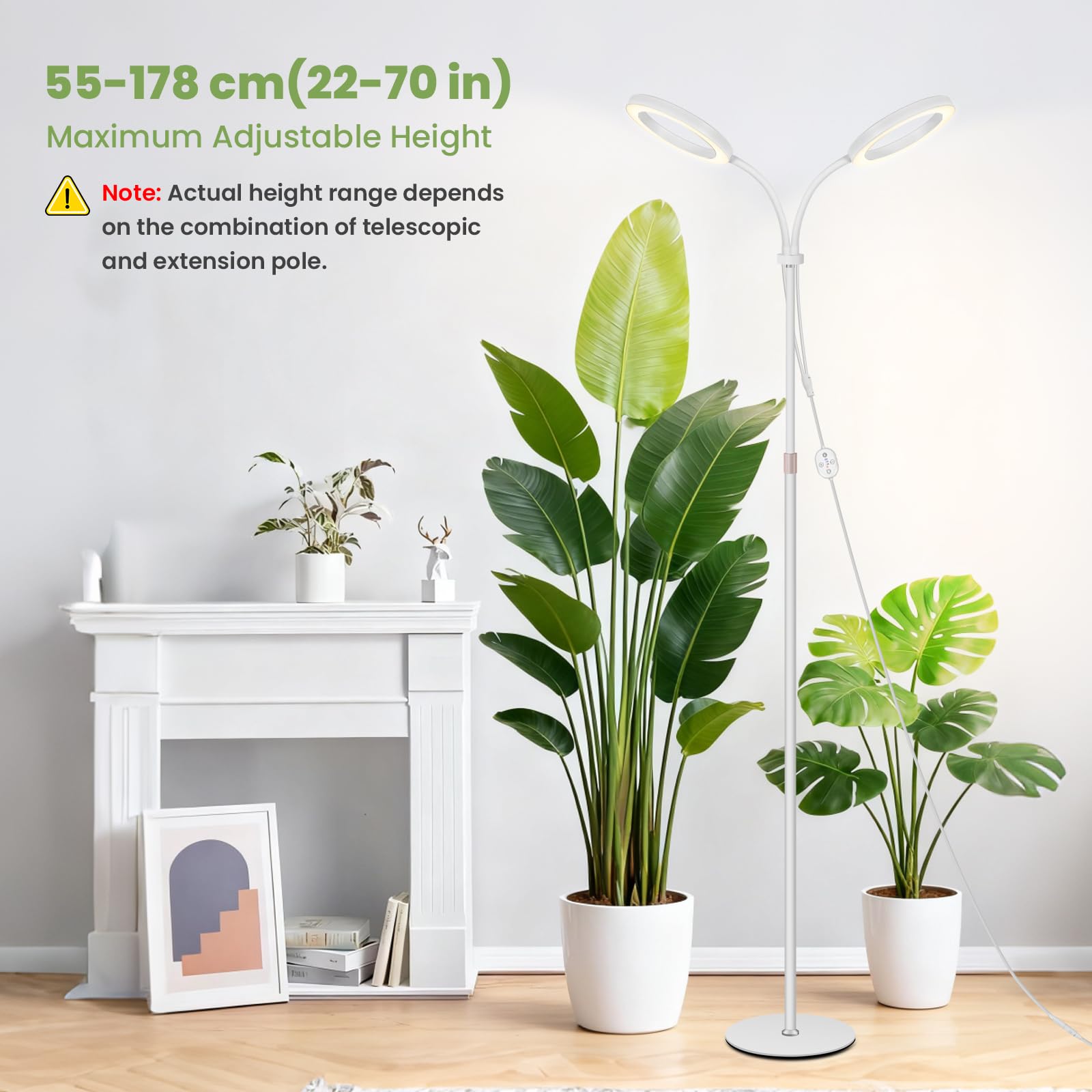 Gran lámpara de cultivo 24 V para plantas de interior, espectro completo con 660 nm reforzado, LED LUMILEDS, 2×16 cm lámparas con temporizador y regulación, altura 56–178 cm, base 22 cm, 30 W