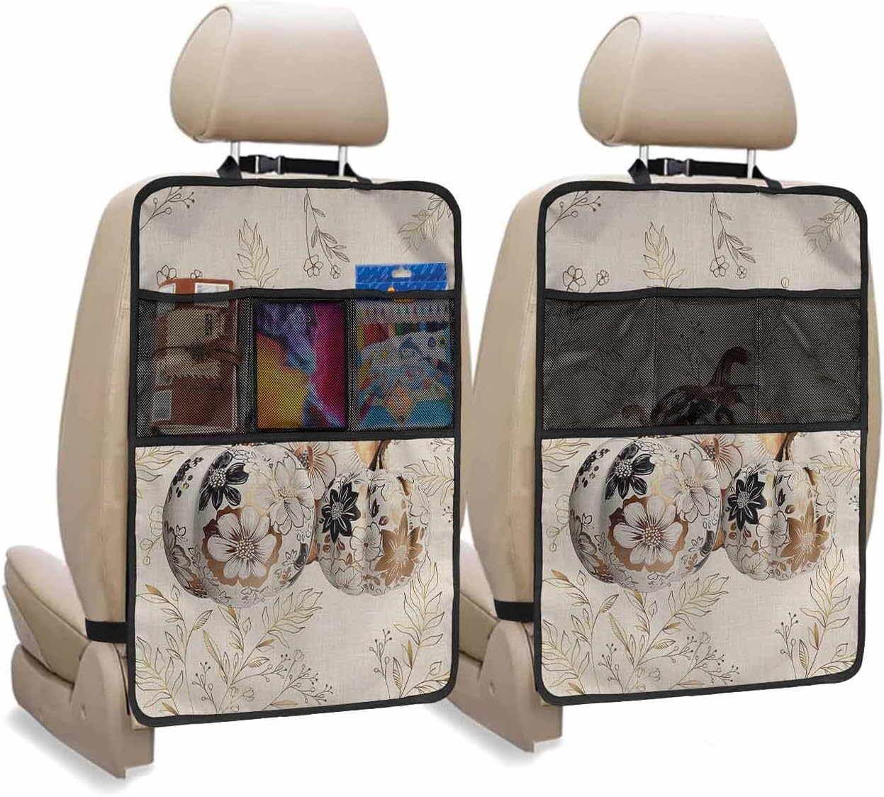 Car Seat Protector, 2 Pack Kick Mats Back Seat Protector Fall Thanksgiving Pumpkin with Floral Golden Botanical Leaves Linen Waterproof Backseat Cover for Universal Fit Automotive Interior Protectors