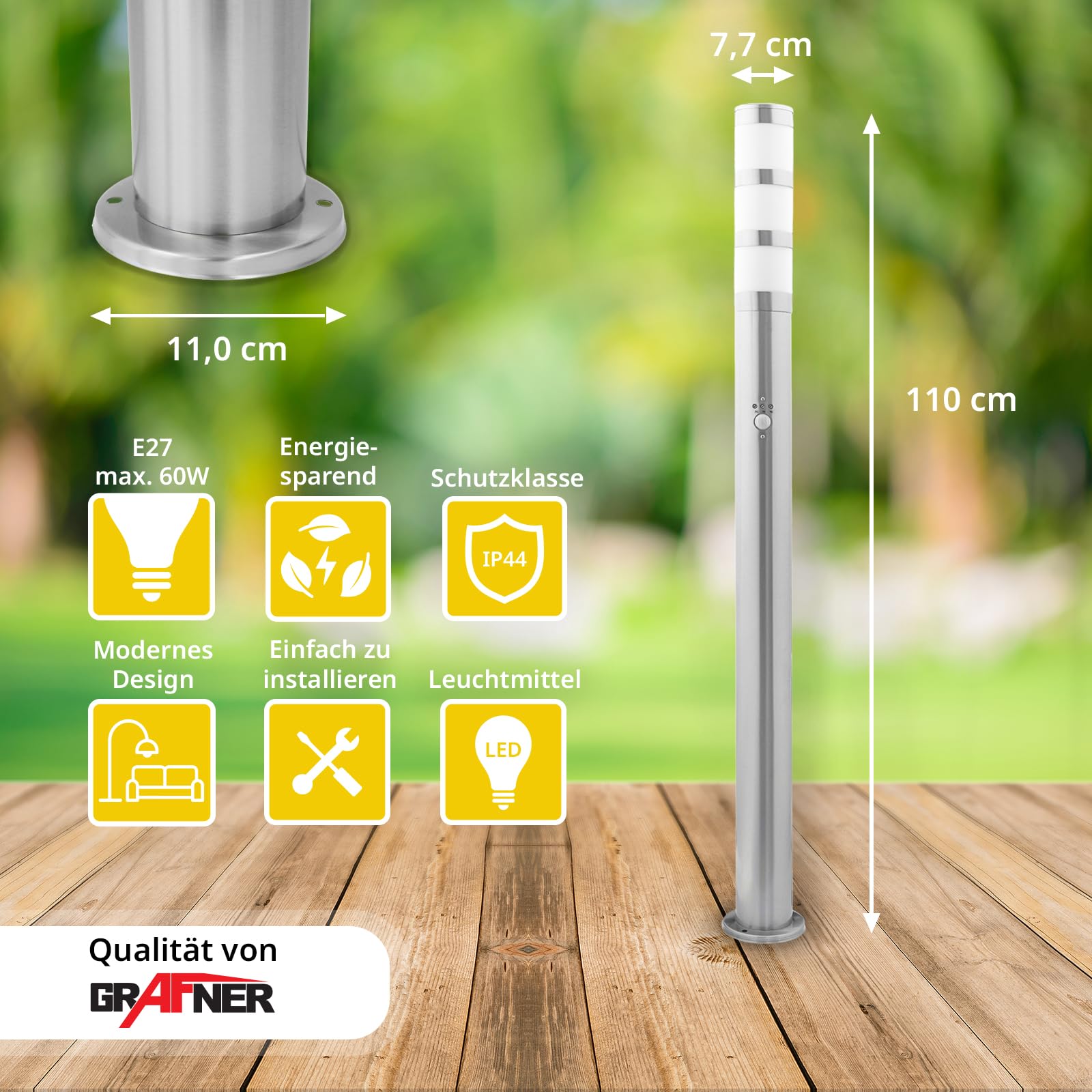 Grafner XXL Edelstahl Wegeleuchte mit Bewegungsmelder, Höhe: 110 cm, 1x E27 Fassung, IP44, Wegleuchte Weglampe Gartenlampe Gartenleuchte Standlampe Außenstandleuchte Pollerleuchte