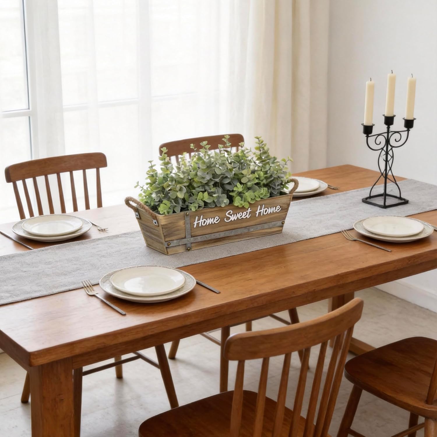 Artificial Eucalyptus Table Centerpiece in Wooden Box, Faux Greenery Arrangement with “Home Sweet Home” Sign, Jute Rope Handles, Farmhouse Rustic Home Décor