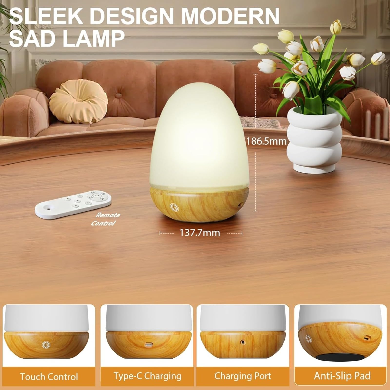 Lampe de luminothérapie pour SAD, 10 000 lux avec télécommande et contrôle tactile, lampe de lumière du jour rechargeable par USB pour améliorer l'humeur et améliorer le sommeil