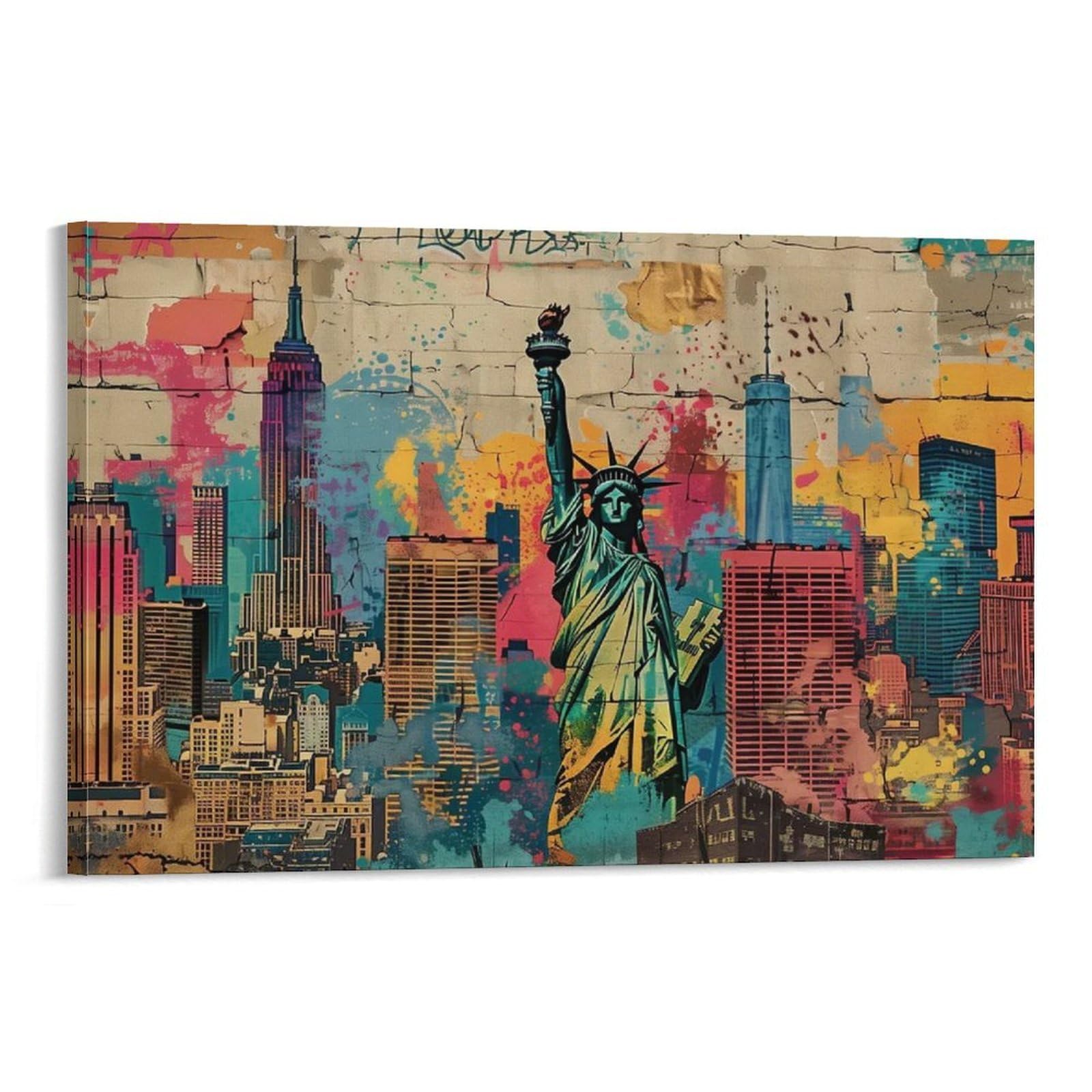 CPLVKWRQJ Statue of Liberty Single NYC Skyline with Statue of Liberty Canvas Wall Decor - Kitchen Removable Wall Art Multi-Purpose Focal Point Decor 12x18inch(30x45cm)